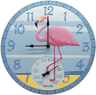 Taylor 14 Inch Resin in/Out Clock with Thermometer - Flamingo
