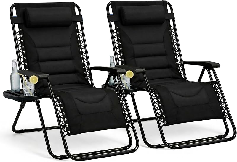 Straame XXL Padded Zero Gravity Chairs Set of 2, Folding Reclining Garden Chairs, Camping Chair Sun Loungers, Lockable 160° Patio Recliners with Adjustable Headrest(Padded, Black)