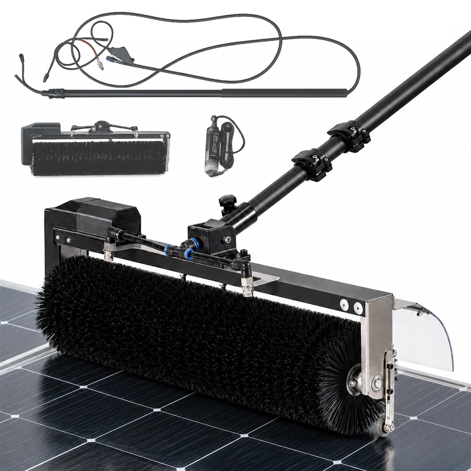 TBANVOO Rotating Photovoltaic Cleaning Brush, Electric Water-Fed Telescopic Pole Kit with 60 cm Roller Brush, Anti-Retraction Clip, for Commercial Solar Farms 5.5m/18ft