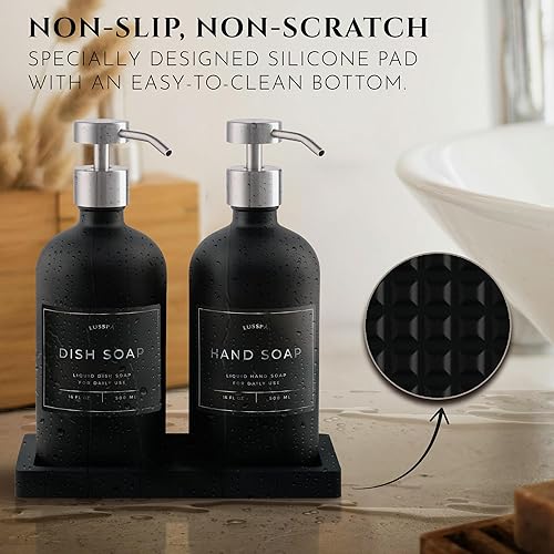 Miniatura 3 de Dispensador de jabón de loción, manos y platos para fregadero de cocina, juego de 2 botellas de vidrio de 16.8 onzas con bomba de acero inoxidable,