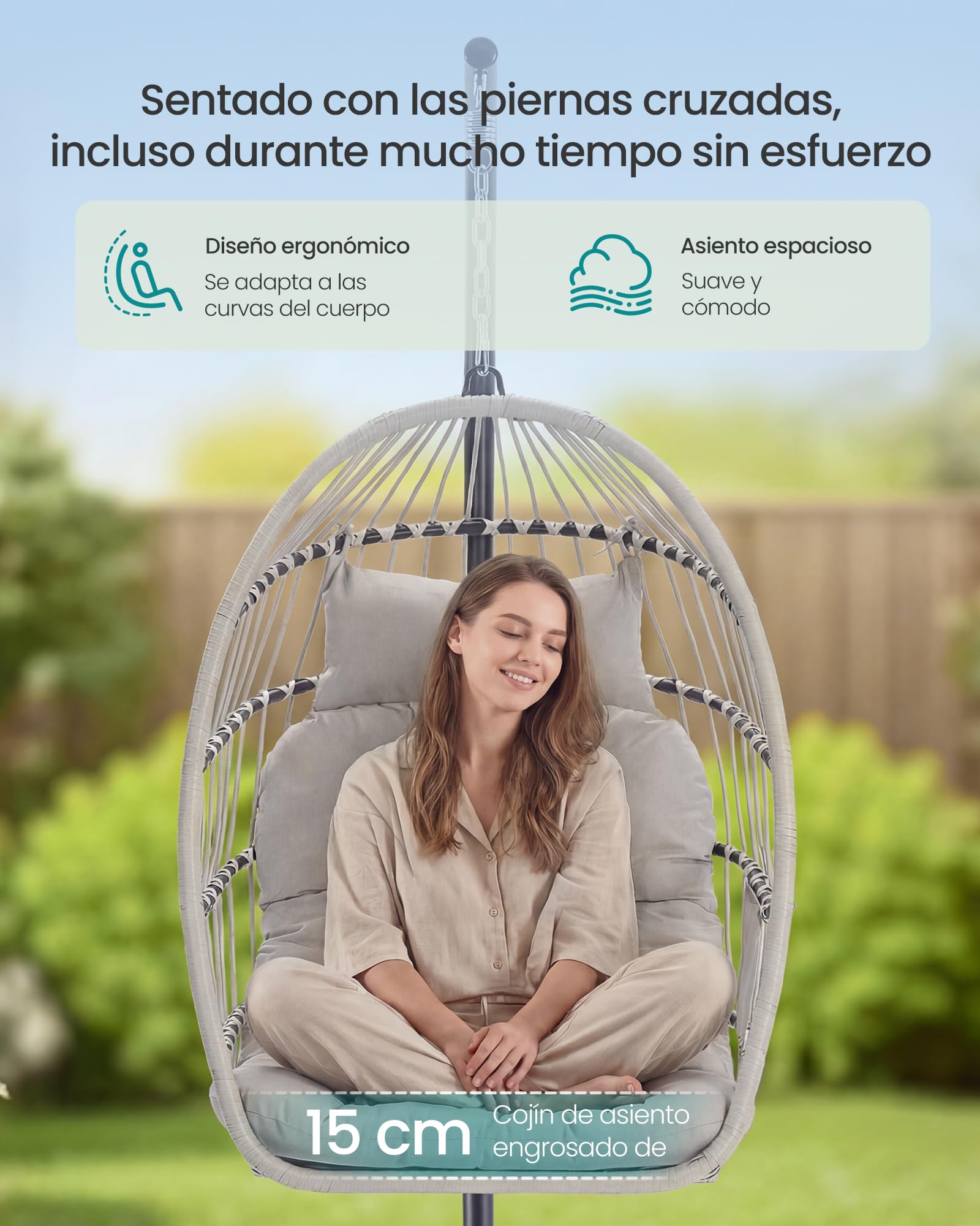 SONGMICS Silla Colgante de Exterior, Cesta Plegable, Sillón Hamaca Tipo Huevo, Altura Ajustable, Bolsillo Lateral, Asiento Acolchado, para Sala de Estar, Jardín y Balcón, Blanco GDC050WZ01