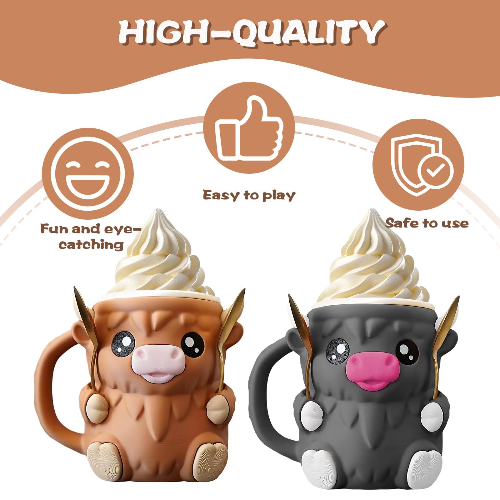 2 Stück Highland Cow Ice Cream Holder,Bezauberndes Eisbecher Halter,3d Printing Eiscreme Pint Halter,Inklusive 4 Löffeln,Geeignet Für Den Hausgebrauch,Picknicks,Partys Und Camping