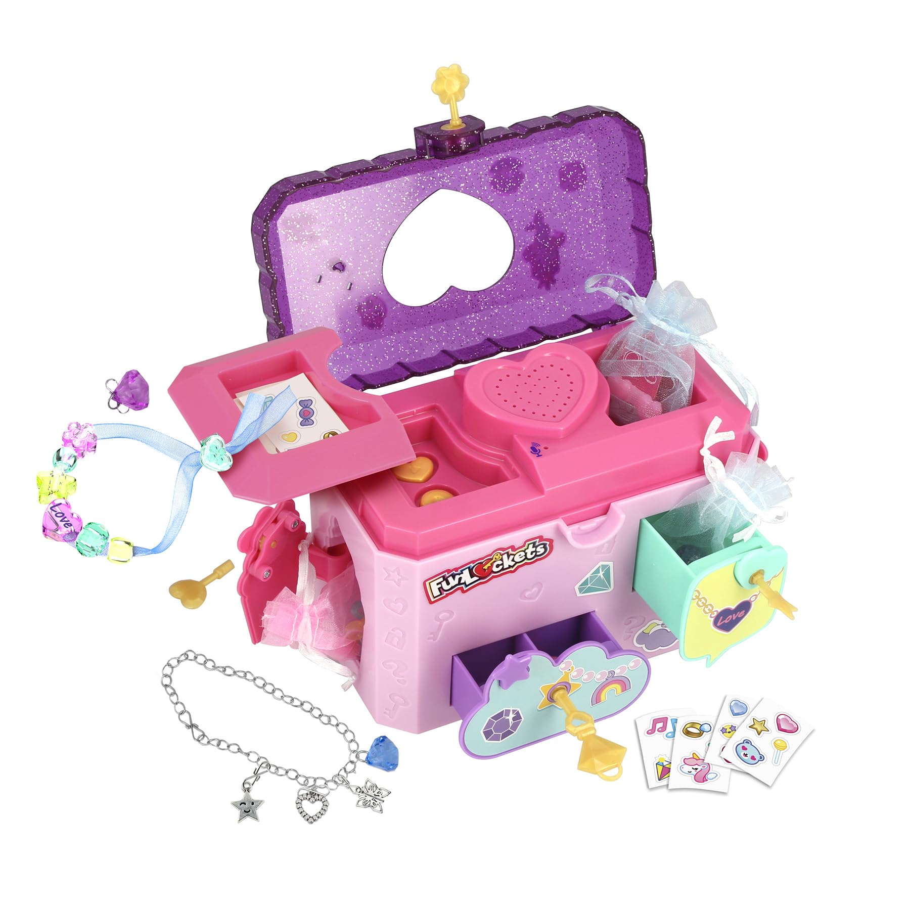 FUNLOCKETS - Joyero Secreto con Grabadora de Mensajes, Juguete a Partir de 5 años, Accesorios para Crear Joyas, Juguete para niñas y niños, con más de 25 sorpresas, Elementos coleccionables
