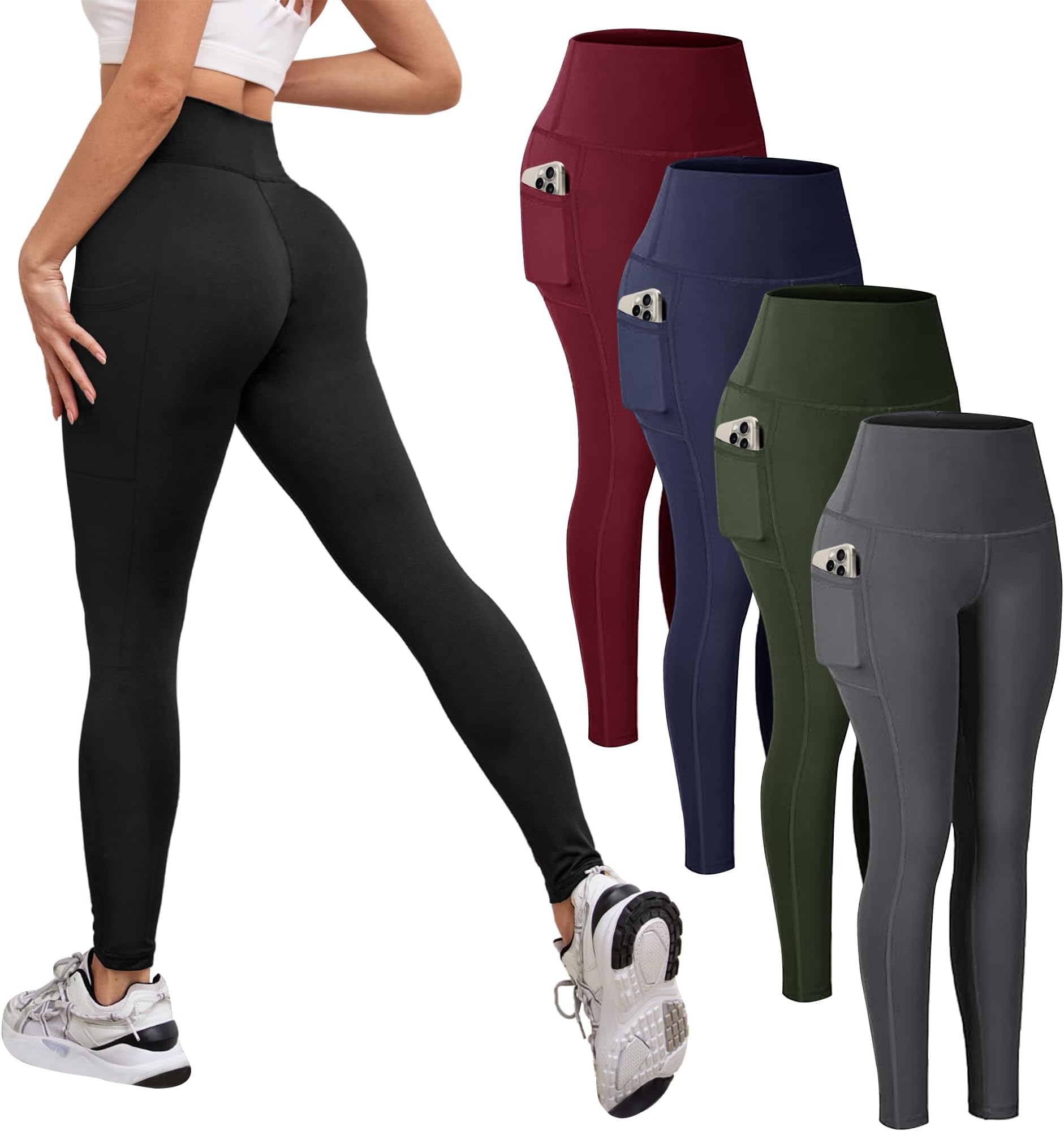 Opuntia 5 Pack Leggings for Women - High Waisted Tummy Control Soft Black Slimming Yoga Pants for Workout Running