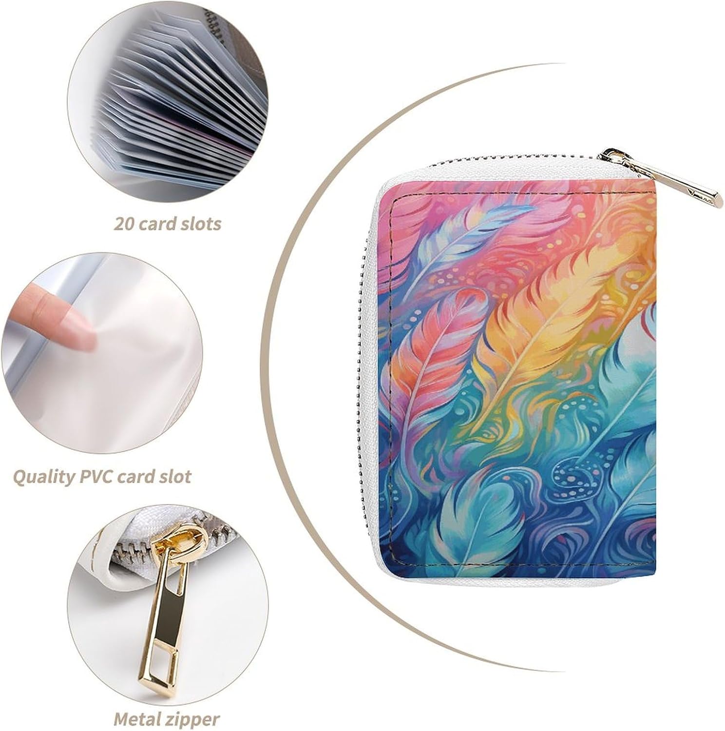 Leather Card Organizer Case Card Wallet Credit Card Holder Hand Drawn Feathers Printed Zipper Card Cases Holder for Women Men