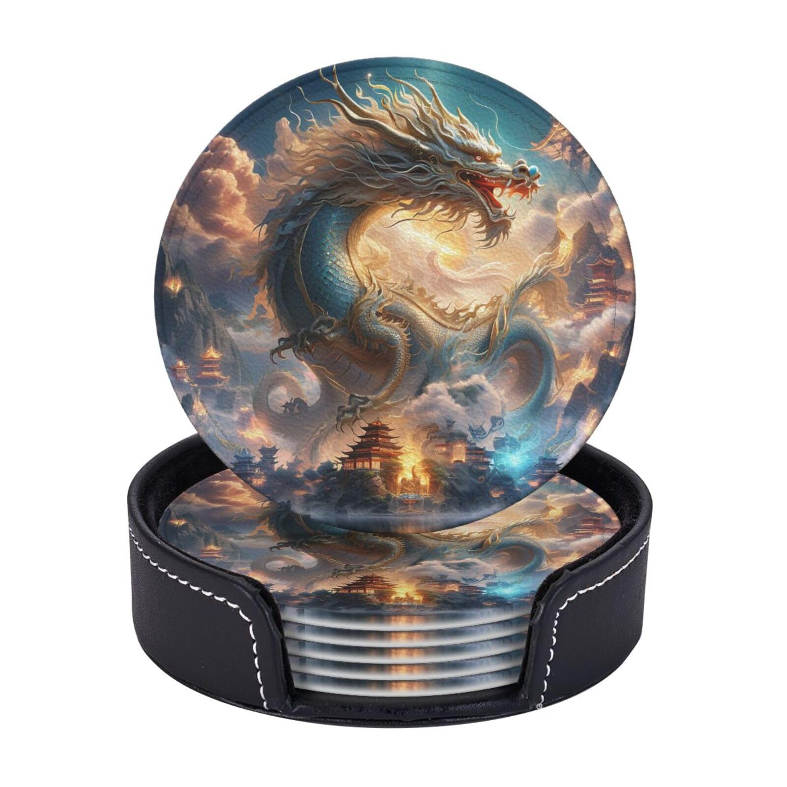 6Pcs PU Leather Coaster for Drinks, Dragon in the Heavenly Palace Cup Coasters with Holder, Aesthetic Drink Coasters for Coffee Table, Round Coaster for Tabletop Protection 4" Cup Mat Pad