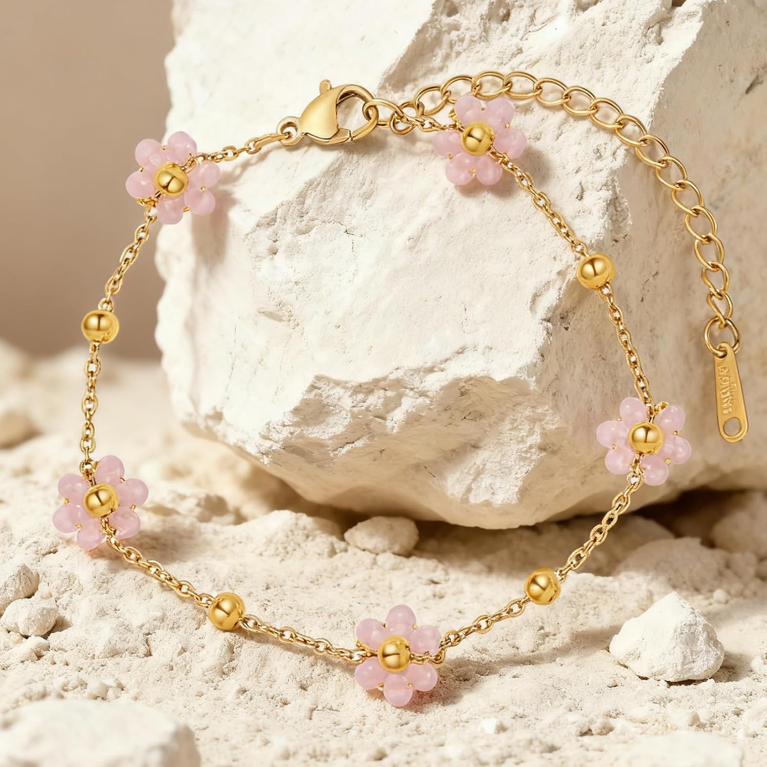 Bohemian Beaded Necklace and Bracelet Set for Women, Colorful/Pink/Green/Rose Red Daisy Flower Pendant with 18K Gold Plated Chain, Adjustable Boho Chic Jewelry image 5
