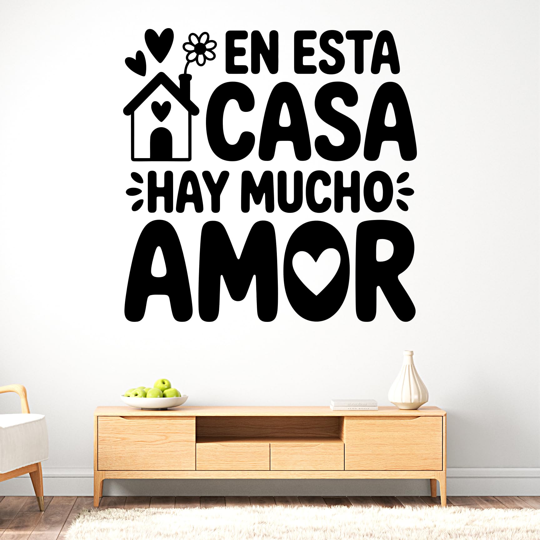 Vinilo Decorativo para Hogar con Frase Familiar "En Esta Casa Hay Mucho Amor", Adhesivo Inspirador para Salón, Dormitorio o Recibidor, Pegatina de Pared con Mensaje Positivo (Negro, 100 x 100 cm)