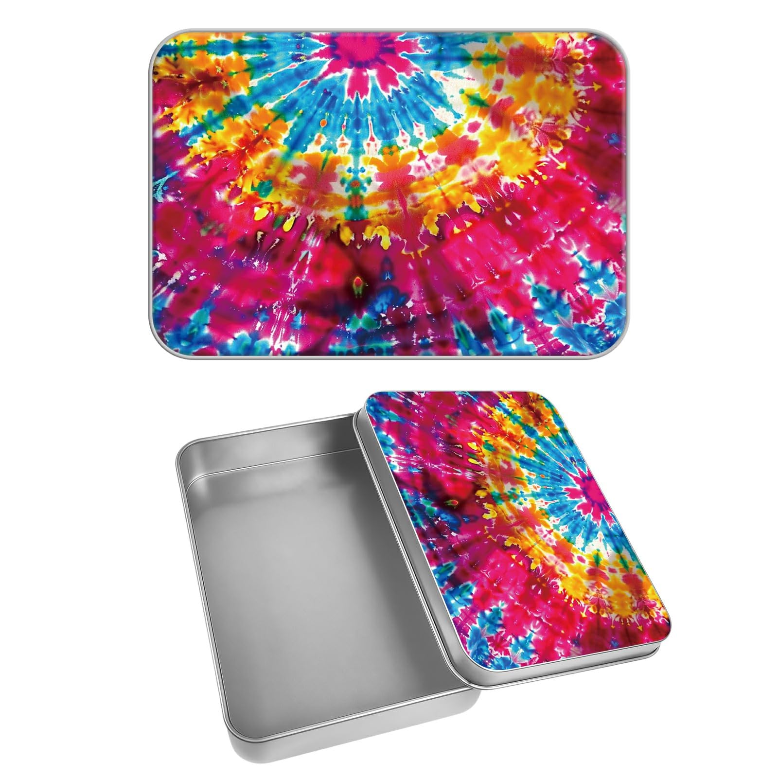 Rectangular Metal Tin Box with Removable Lid, Rainbow Flowers Decorative Printed Metal Storage Container for Cards, Diaries, Home Organization 4.53 x 3.35 x 0.86 inch– Single Pack