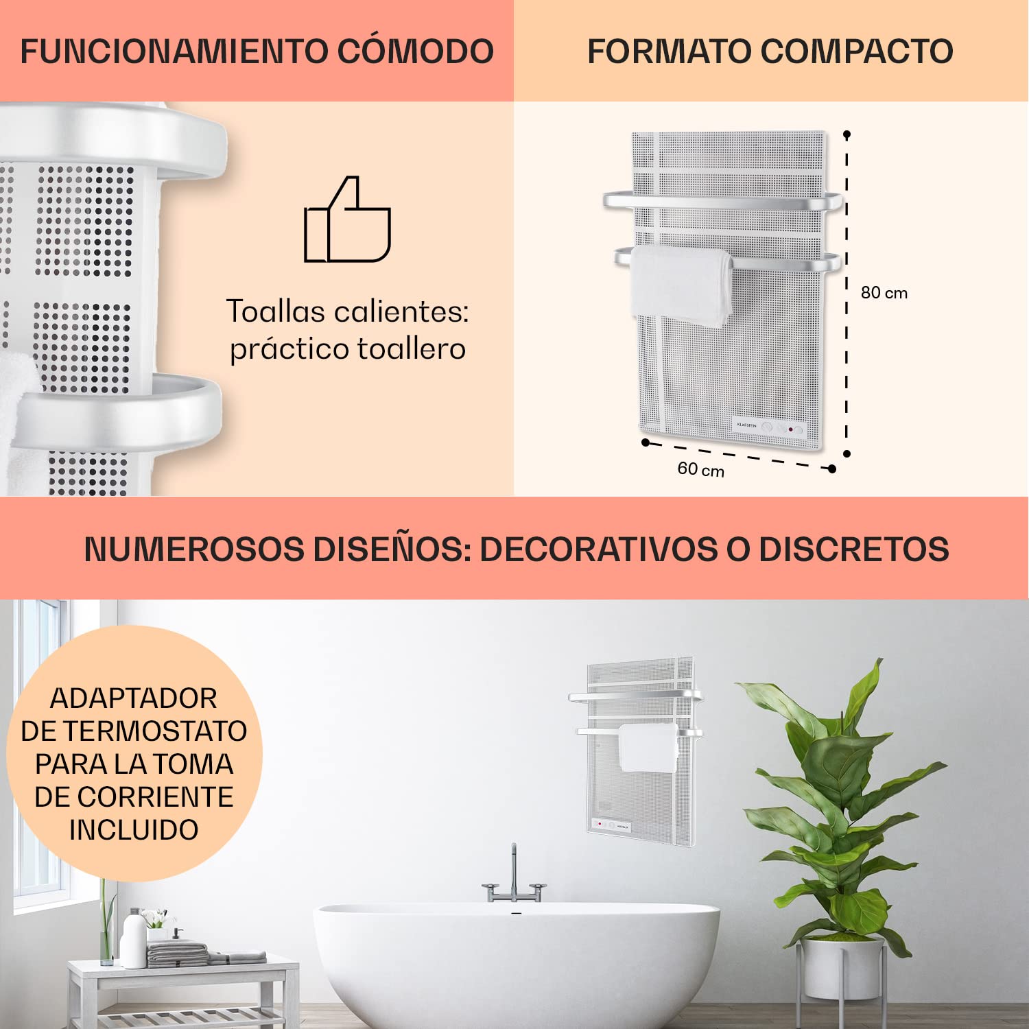 Klarstein Toallero de Pie, Radiador Electrico Bajo Consumo para Toalla 1000 W, Toalleros de Pie con Termostato, IP24, Radiador Electrico para Pared, Toallero Eficiente sin Emisión de CO2