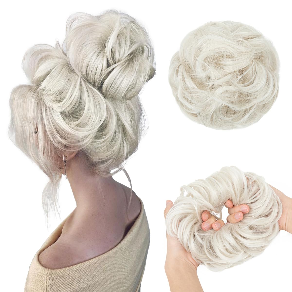 CJL HAIR Large Messy Bun Hair Piece Wavy Curly Scrunchies Synthetic Chignon Ponytail Hair Extensions Thick Updo Hairpieces for Women Ice Blonde