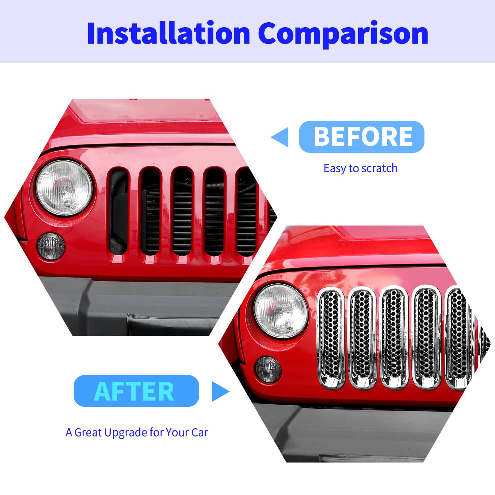 Inserts de grille avant en maille à clipser pour Jeep Wrangler JK et Unlimited JKU 2007-2015, garniture de grille chromée, accessoires Jeep durables