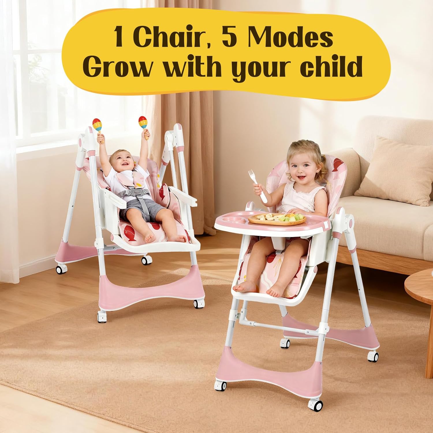 6-in-1 convertible high chair with rocker | baby high chair for newborn to toddler (0-3 years) | adjustable, foldable & easy-clean with dishwasher safe tray & tool-free assembly, floral dust pink (floral dust pink)