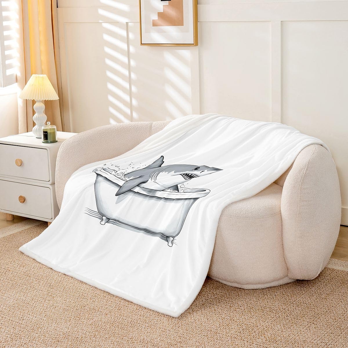 Feelyou Shark Sherpa Blanket Plush Fuzzy White Fleece Throw Blanket Boys Girls Cartoon for Bed Couch Chair Living Room Funny Animal Bedroom Decor Cute Baby 30"x40"