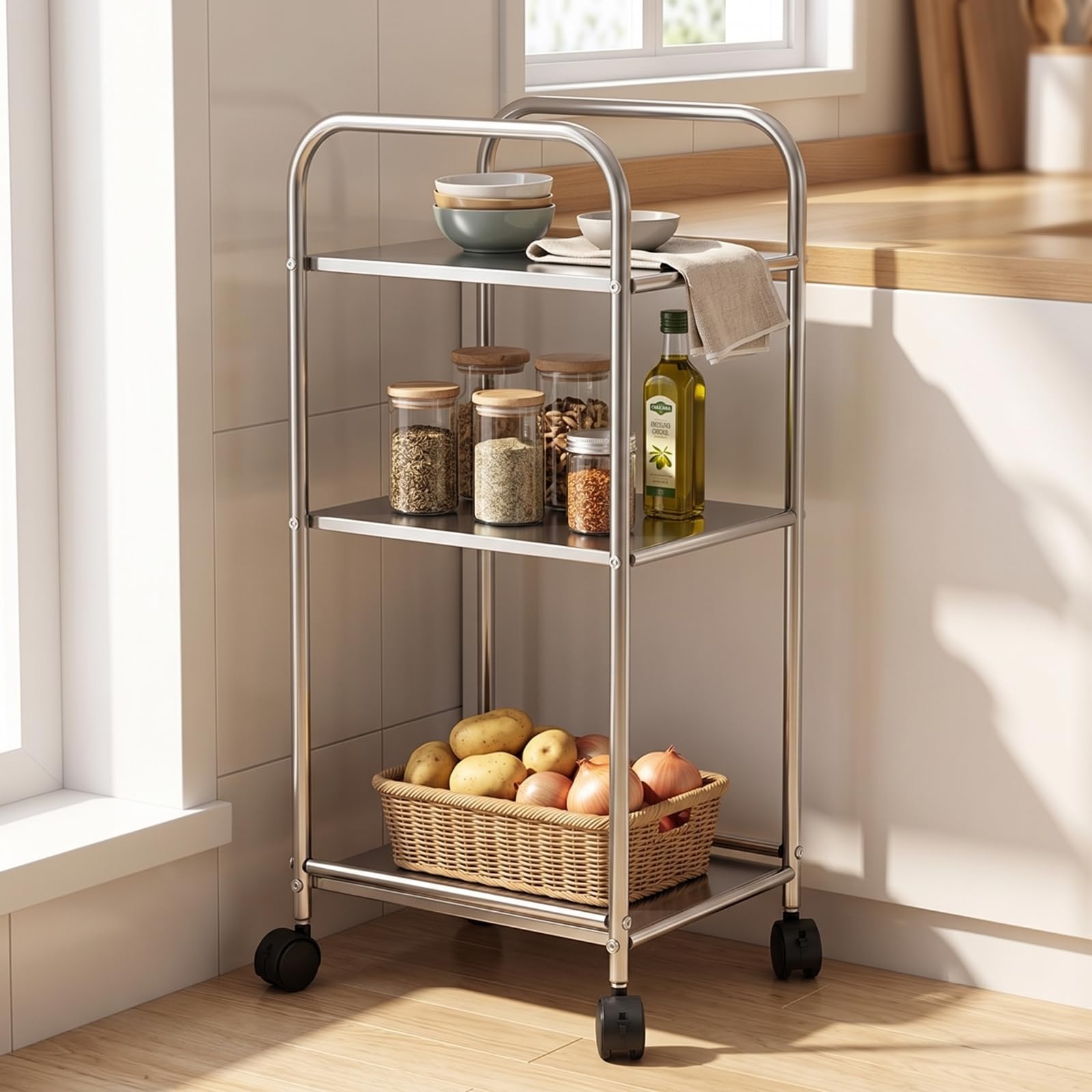 Carro de Almacenamiento Móvil Estantería Organizador Estante Carrito con Estructura de Acero Inoxidable Resistente y Diseño Abierto Ahorrador de, Moderno Simple, Dos Niveles Sin Ruedas