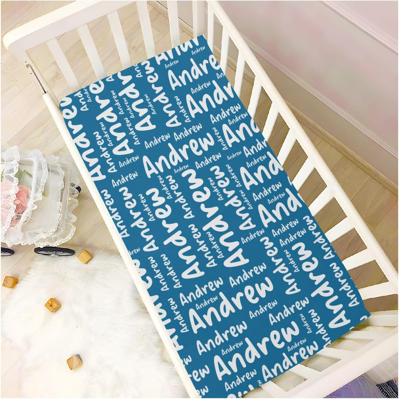 Ice Blue Custom Name Crib Sheets for Boys Girls Personalized Pack and Play Sheets Fitted Toddler Sheets for Baby Infants