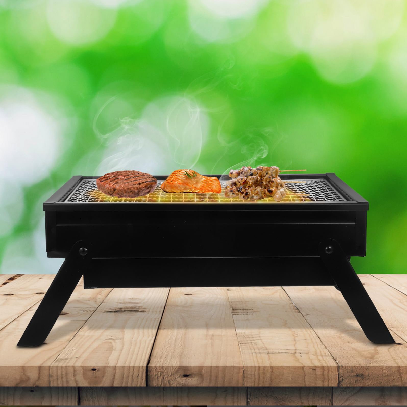 Griglia Barbecue Portatile Pieghevole in Acciaio Inox Nero | Cassetto Carbone Estraibile, Compatta e Leggera, per Cottura Efficiente in Gruppo da 1-3 Persone