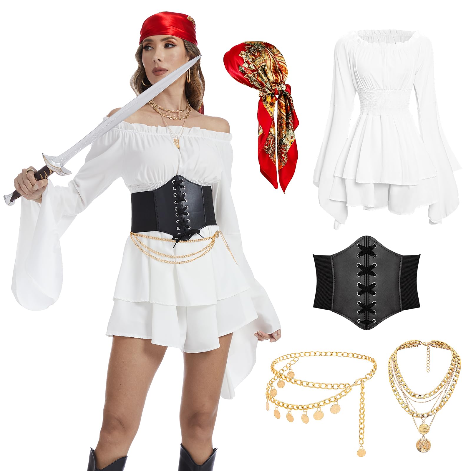 AJGEGJE Piratenkostuum voor dames, middeleeuwse piratenjurk met korset, hoofddoek, piratenhalsketting, tailleketting voor carnaval, feestjes en maskerades, wit, maat XXL