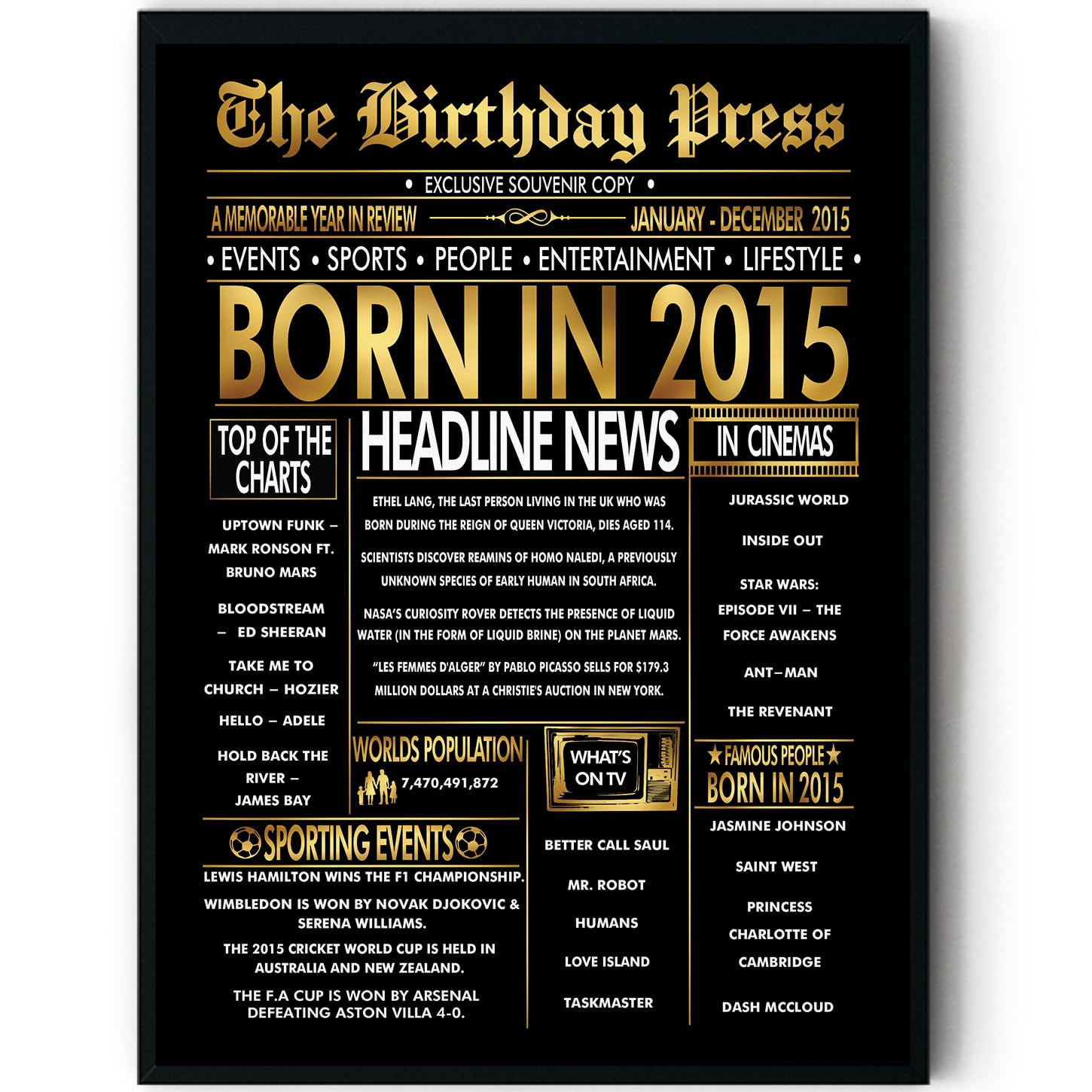 Stuff4 Men's 2015 Gold 11Th Birthday Poster Framed, Golden Born In Newspaper
