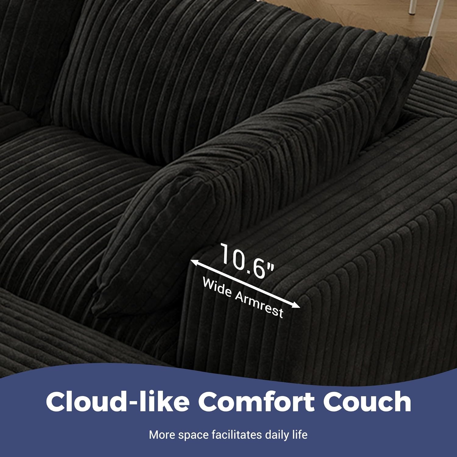 Modular Boneless Sofa, 78.8" Loveseat Cloud Sectional Couches for Living Room, Deep Seat Corduroy Upholstered Couch Furniture Set, No Assembly Required (Black, Loveseat)