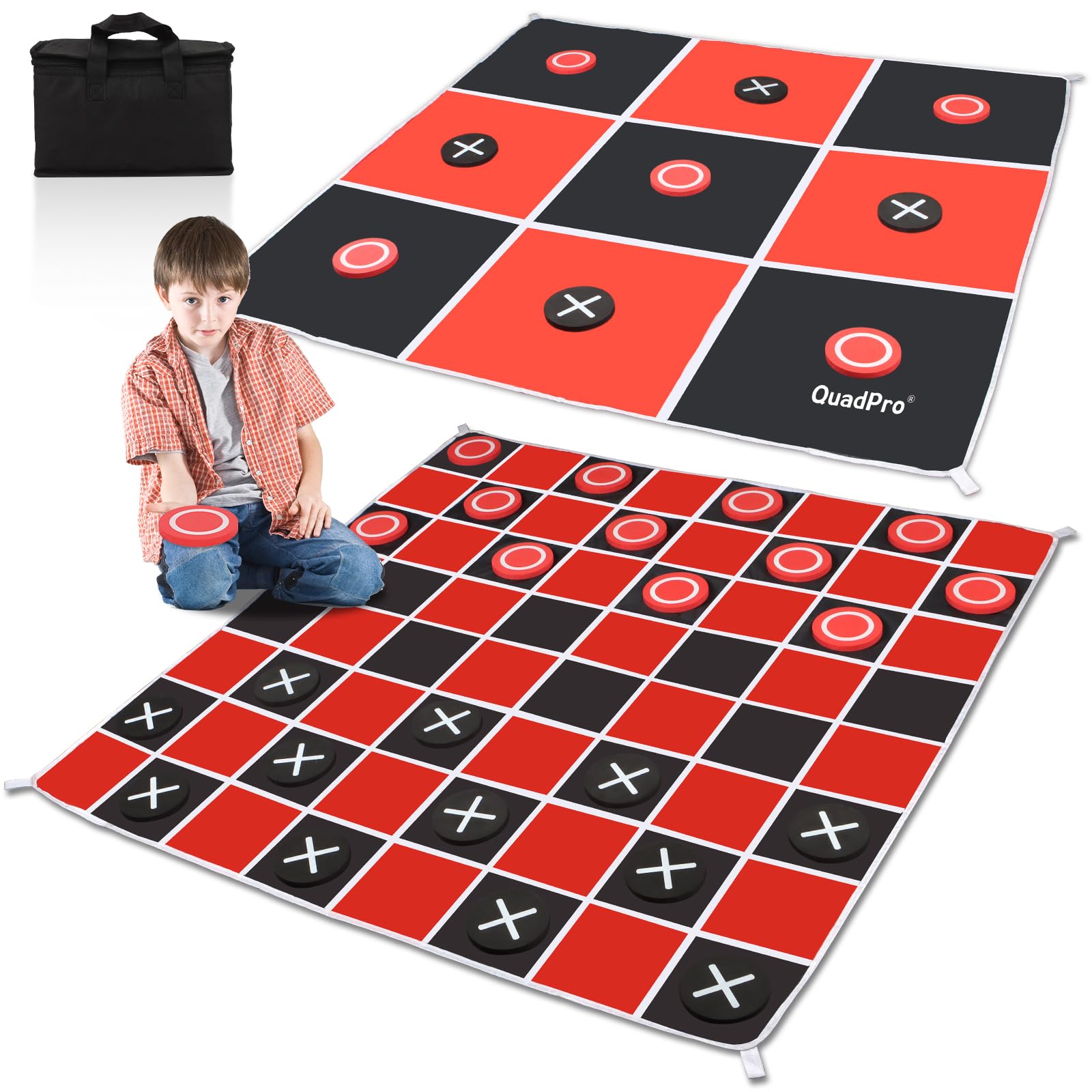 QuadPro 2-in-1 Giant Checkers Board Game & Tic Tac Toe Game Set, Jumbo Outdoor Lawn Games with 4.6x4.6ft Machine-Washable Mat & 4 Ground Stakes - Perfect Backyard Games for Kids & Adults