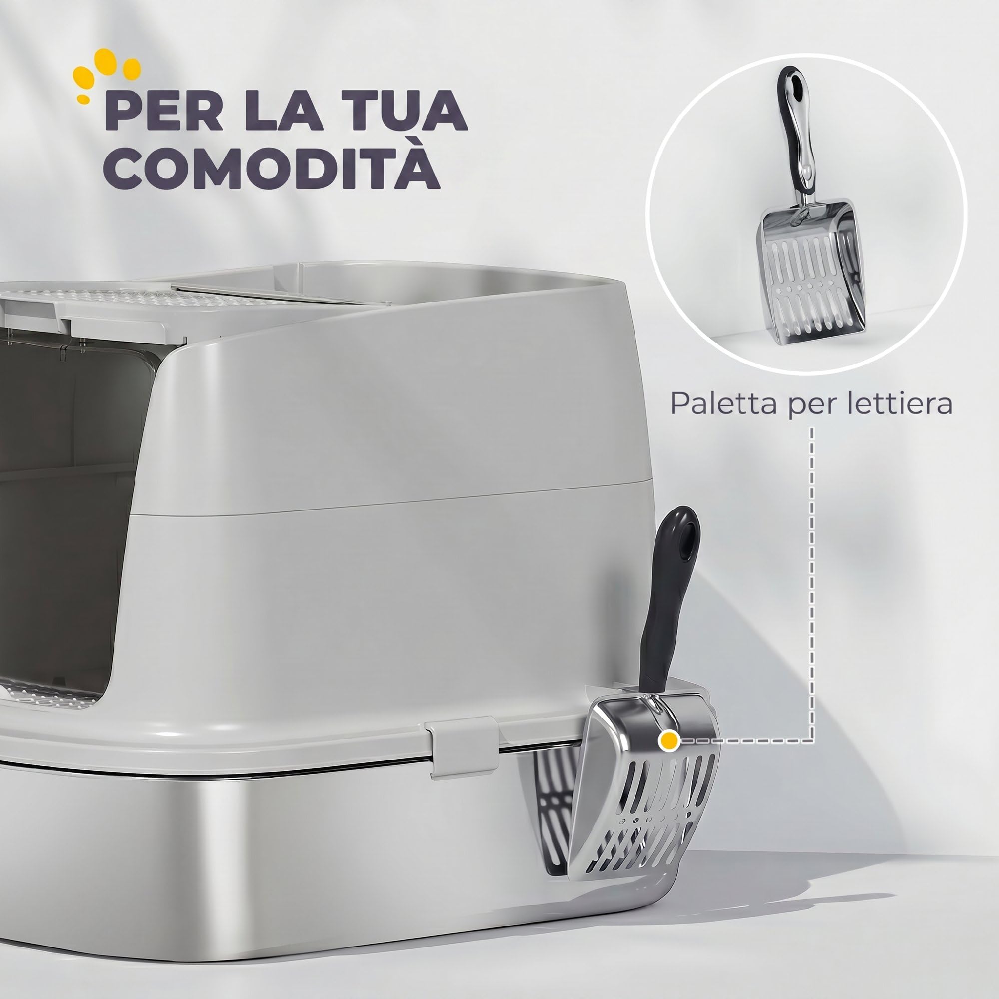 PawHut Lettiera per Gatti Chiusa Acciaio Inox con Pareti Alte Grigio Chiaro | Ribaltabile, Toilette per Gatti, Doppia Porta, Paletta, Antiperdita, Antiodore, Facile da Pulire, 52.4x41.3x39.8 cm