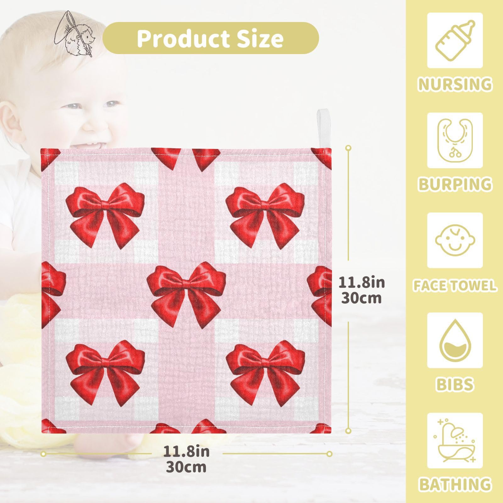 Nander 3Pack Baby Muslin Washcloths,Red Ribbon Bow Soft Face Cloths for Newborn, Absorbent Bath Wash Cloths, Wipes, Burp Rag,Toddlers Essentials Stuff, Baby Registry as Shower