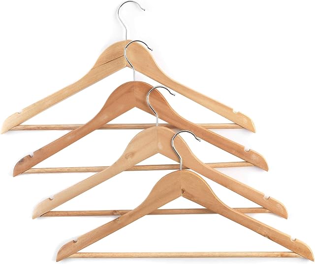 Beldray LA063557EU Wooden Coat Hangers, Hanger Set of 4 For Clothes, Slim Design, Trouser Bar And Rotating Hook For Rails, Indents For Delicate Items, Strong And Durable, Lightweight, FSC®-certified