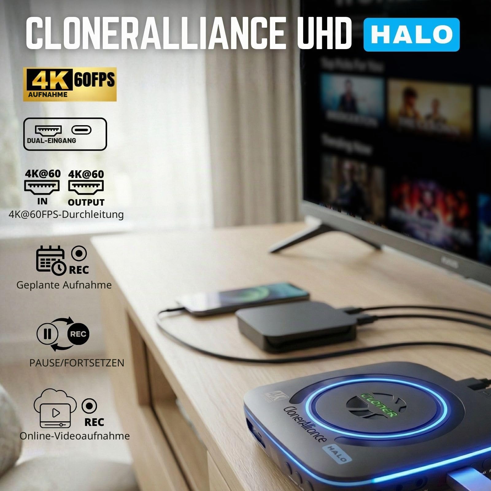 ClonerAlliance UHD Halo, 4K @ 60fps Standalone Video Recorder mit H.265/H.264 Codec, HDMI & Mobile Dual Capture, 4K @ 60fps Passthrough, Audio Extract/Mix