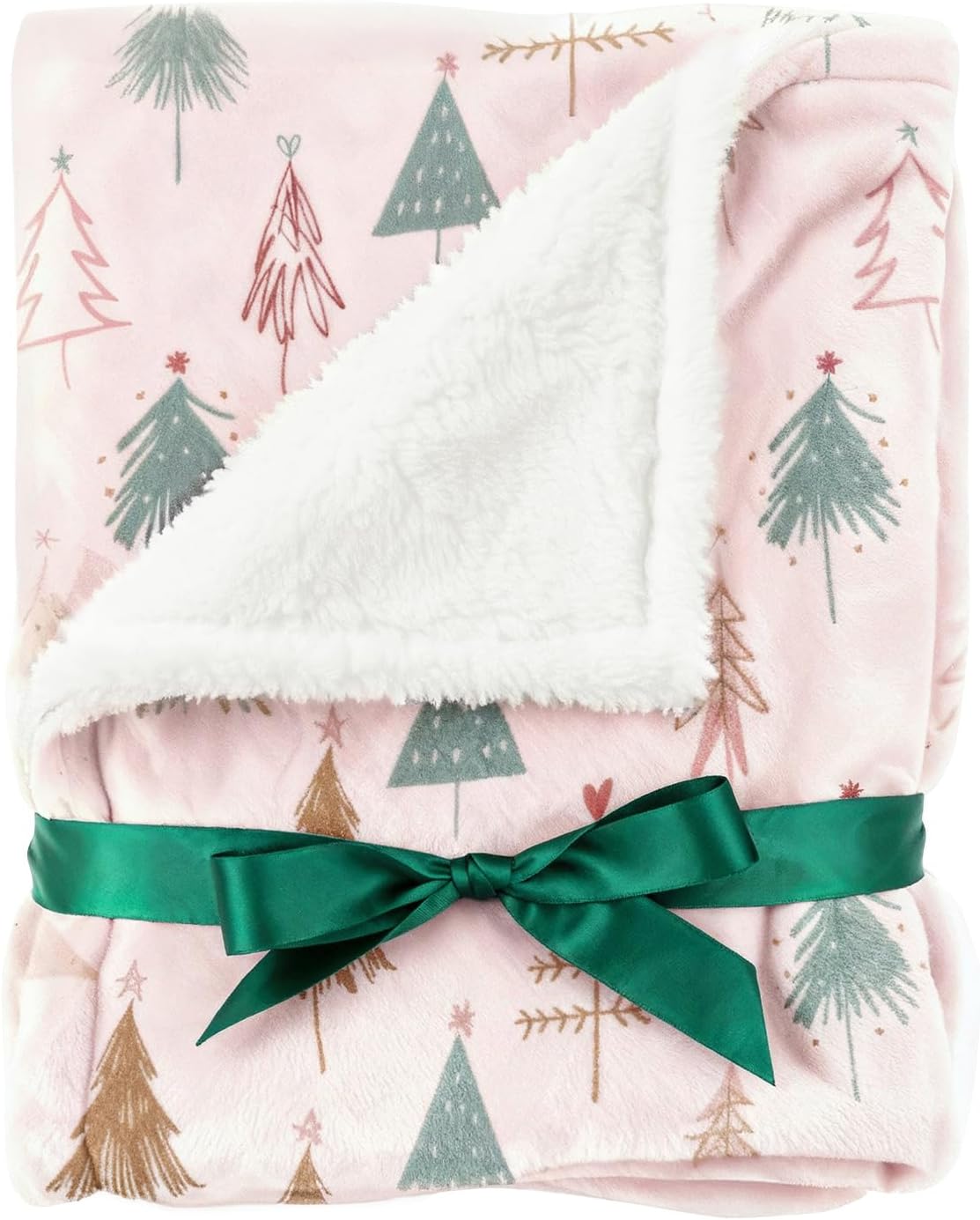 Christmas Sherpa Blanket Throw Size - Reversible Sherpa Fleece Blanket - Super Soft Double Sided Throw for Bed, Sofa, Couch - Thick, Cozy & Plush - Xmas Winter Bedding - Christmas Trees, Pink, 50x60