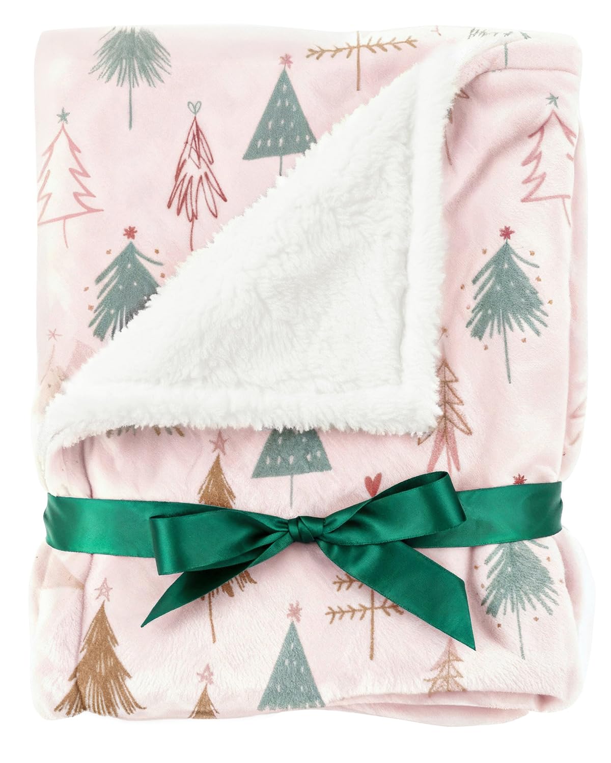 Christmas Sherpa Blanket Throw Size - Reversible Sherpa Fleece Blanket - Super Soft Double Sided Throw for Bed, Sofa, Couch - Thick, Cozy & Plush - Xmas Winter Bedding - Christmas Trees, Pink, 50x60