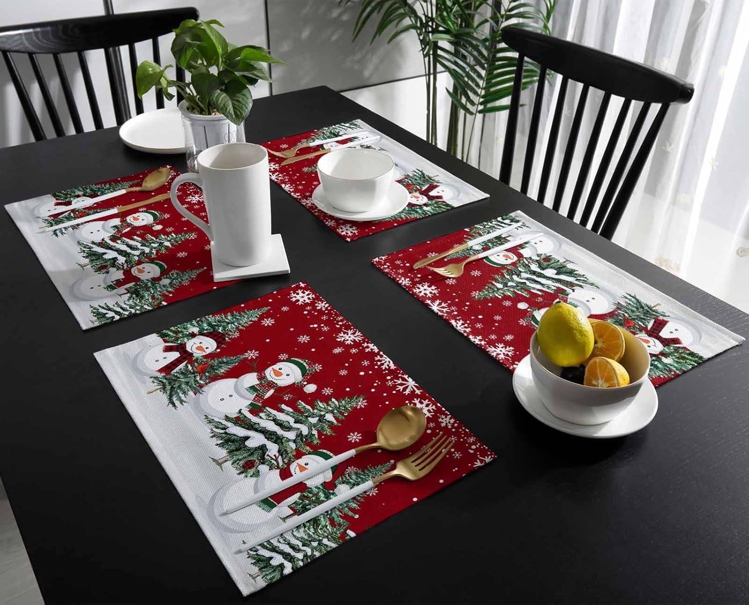 Christmas Snowman Placemats Set of 4, Xmas Tree Place Mats Indoor Outdoor Cotton Placemats, White Winter Snowflake Red Placemat Washable Table Mats for Christmas Party/Dining Room Decorations 13"x19"