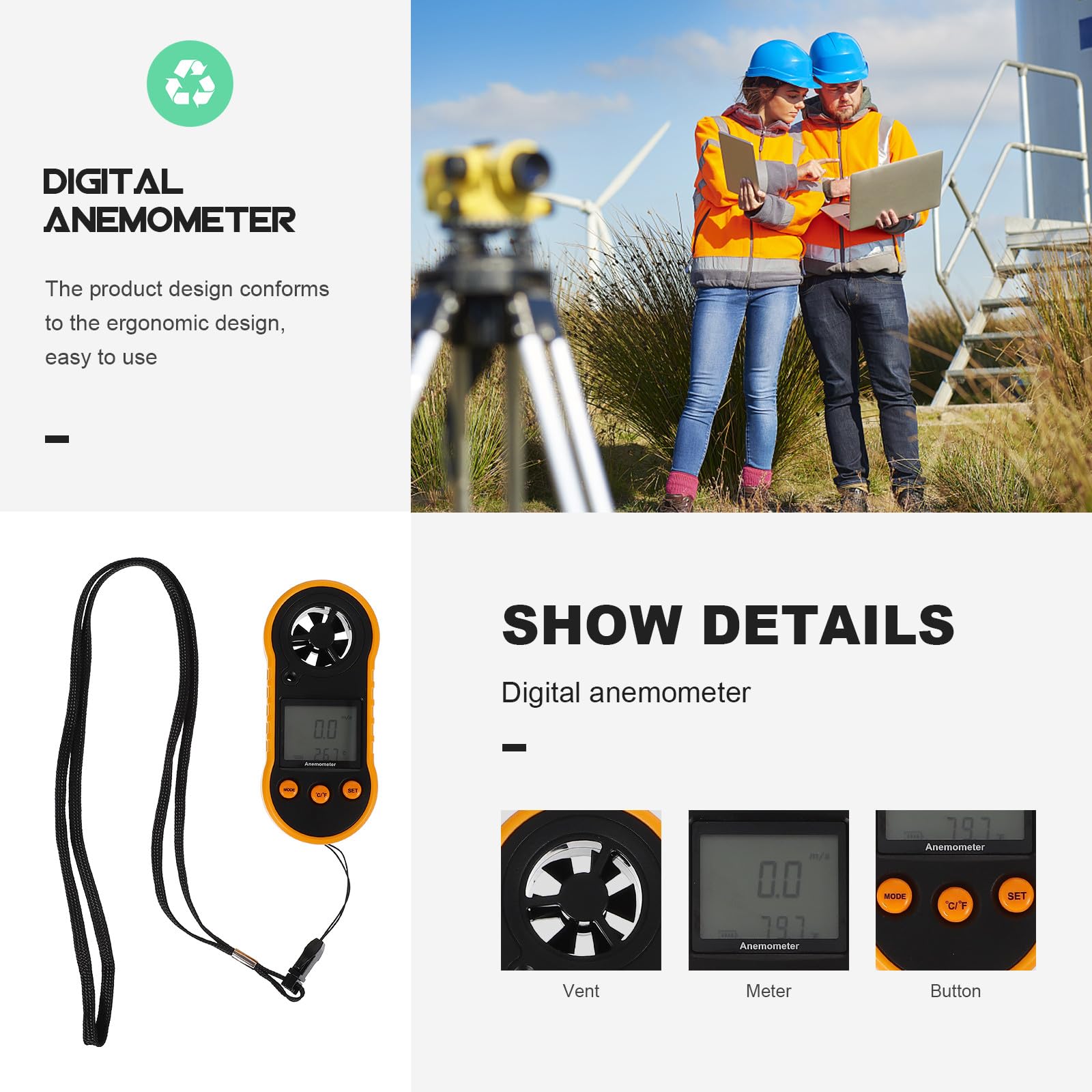 Abaodam Anémomètre Portable Numérique Léger en Plastique Mesure Précise Vitesse du Vent et Température 6 Pales pour Activités de Plein Air