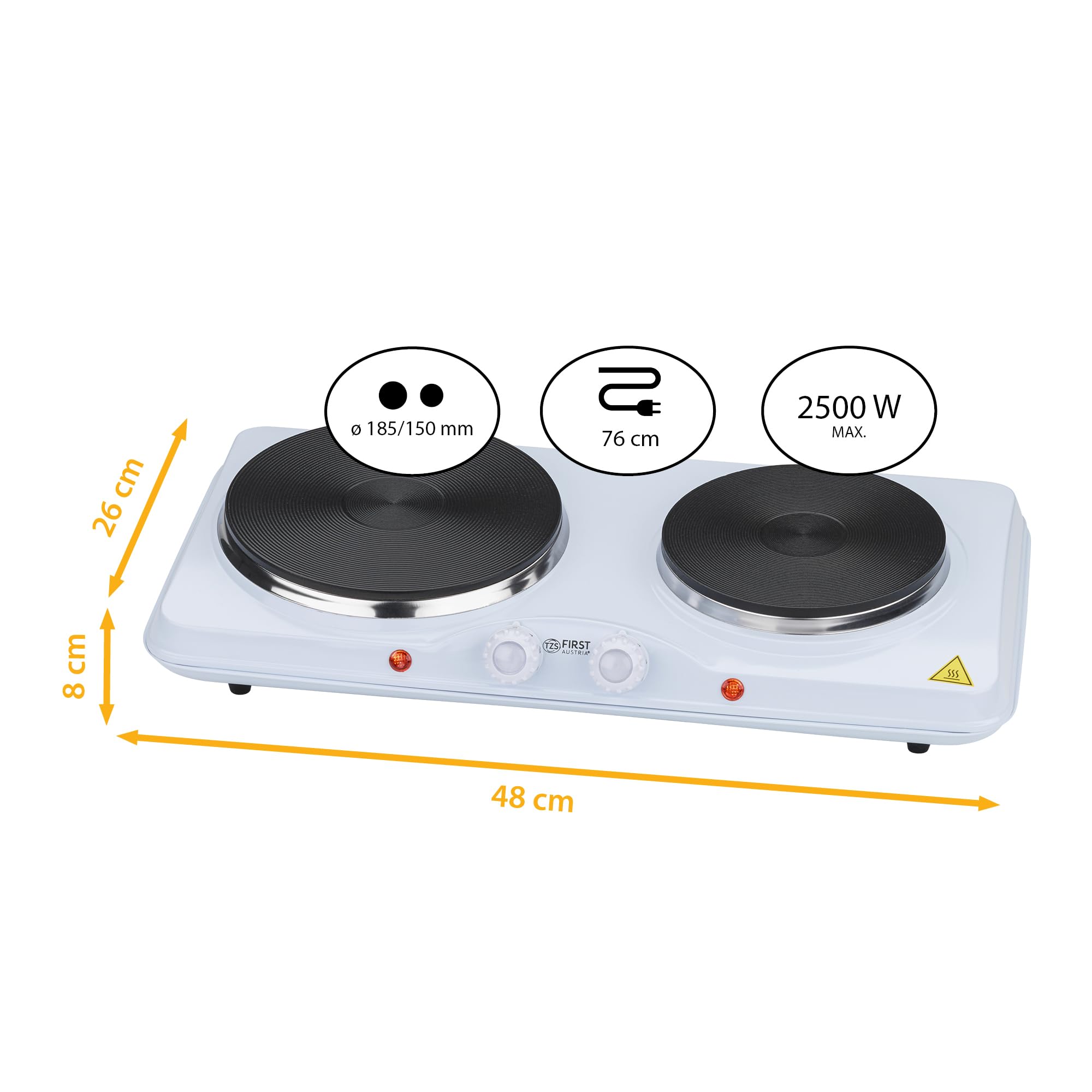 TZS First Austria - Doppelkochplatte 2500W - Gusseisen-Kochfelder 185 & 150 mm - Stufenlose Thermostatsteuerung - Mobile Herdplatte für Camping & Küche - Weiß