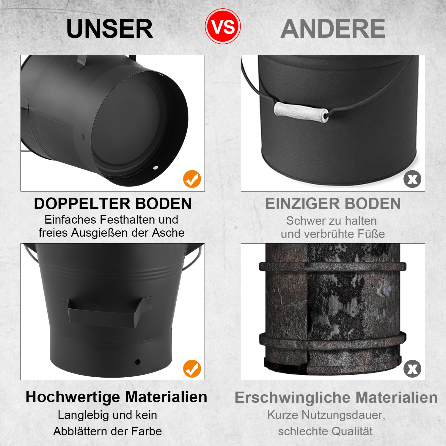 Ascheeimer mit Deckel, 10 Liter Holzkohle Kohleeimer Set mit Schaufel und Handbesen, Werkzeugset Zubehör für Kamin, Feuerstelle, Holzofen, Ascheschaufel mit Deckel für Kamin und Grill Kehrset, Schwarz