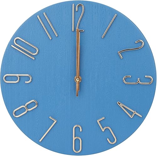 Reloj de pared de 12 pulgadas, silencioso, sin tictac, imitación de madera, reloj redondo azul decorativo, figuras 3D modernas, reloj de cuarzo para