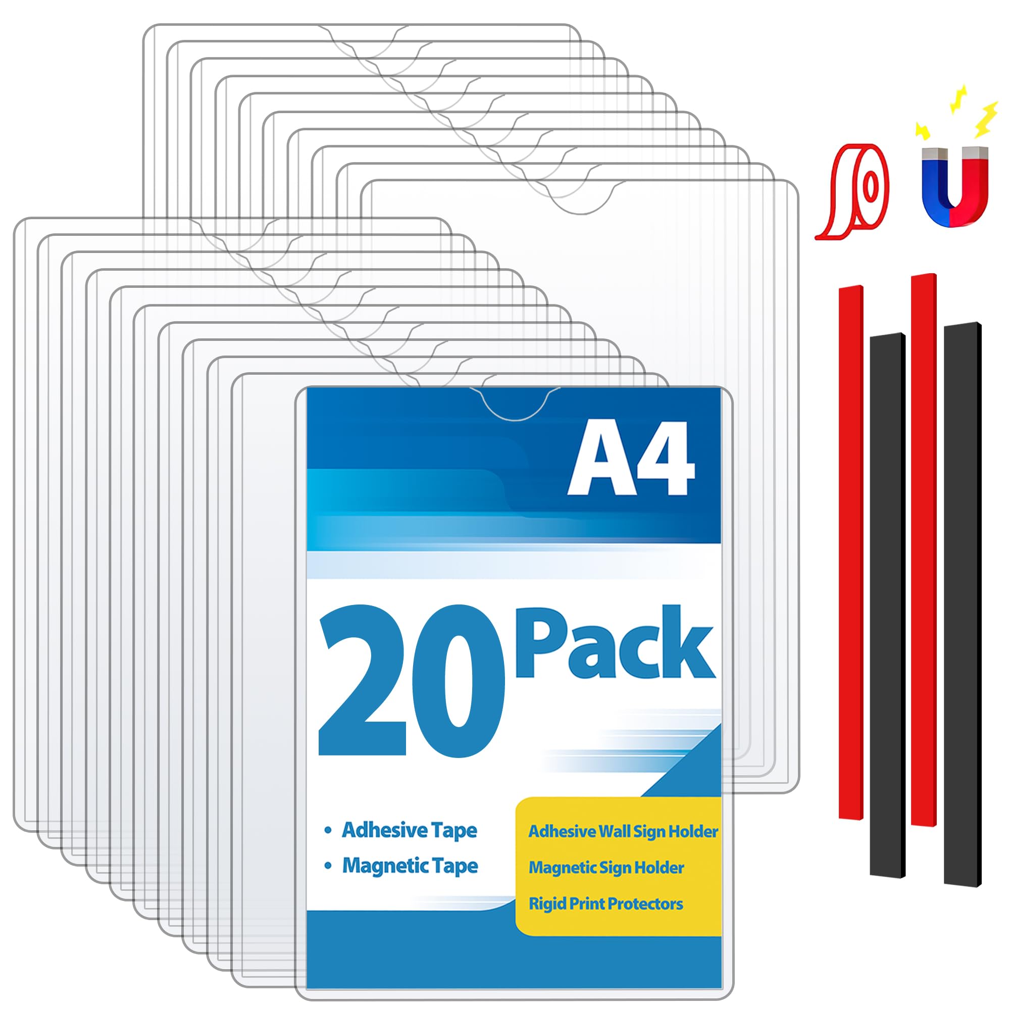Magnetico Espositore A4 da Parete 20 pezzi Cornice da parete Autoadesivo | Trasparente Acrilico, Porta documenti adesivo, Magnetica, Sostituzione rapida,Porta menu da parete per ufficio e negozio