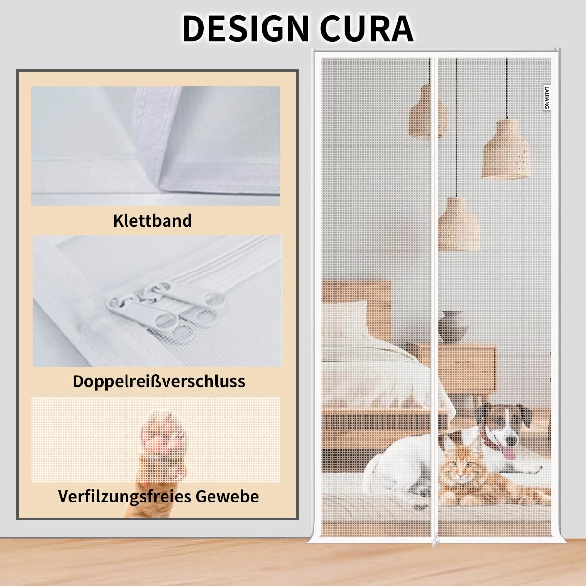 Katzennetz Tür 90x210cm, Fluchtsicher mit Doppelreißverschluss Verstärktes Mesh als Haustür für Katzen, Kratzfest & Atmungsaktiv für Frischluft (Weiß, Innen/Außen)