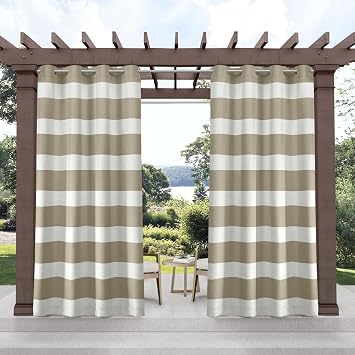Exclusive Home Cabana Stripe Indoor/Outdoor Light Filtering Grommet Top Curtain Panel Pair, 54"x120", Taupe