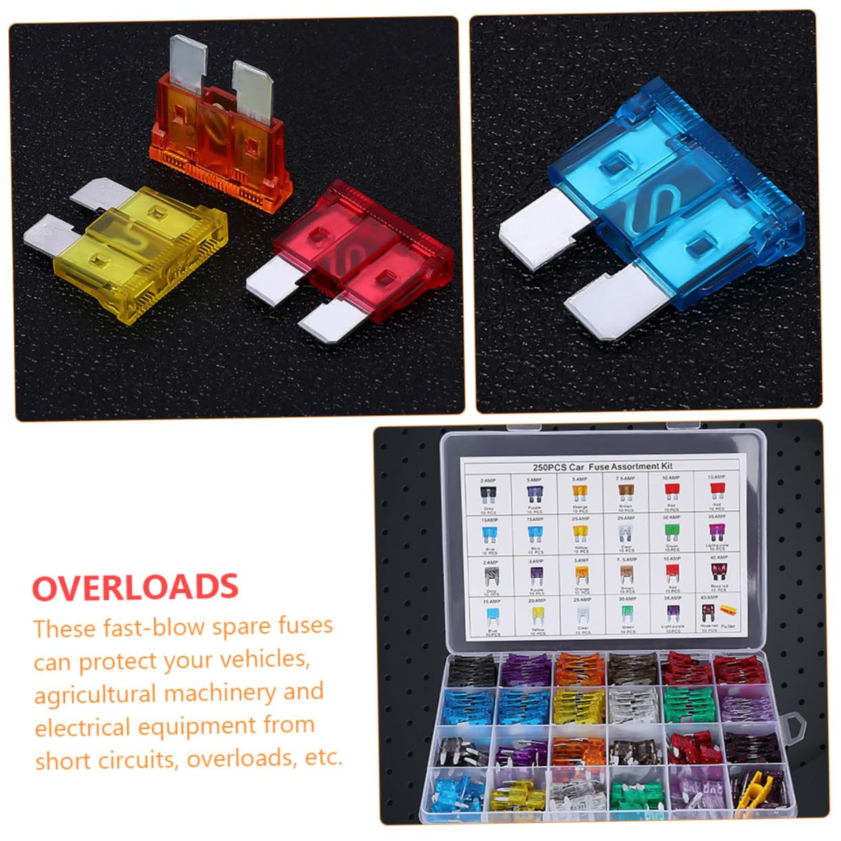 250Pcs Automotive Fuse Assortment Kit Standard Small Medium Car Truck Replacement Fuses Color Coded for Easy Identification Short Circuit Overload Protection
