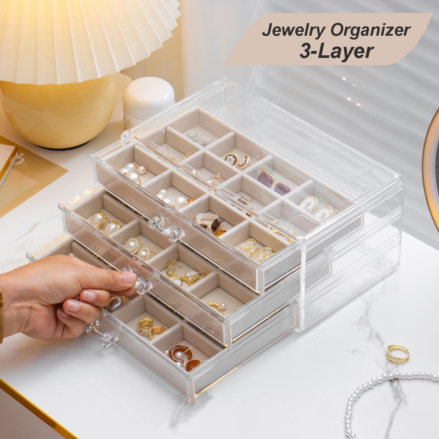 YUFONG Earring Organizer Box Acrylic Velvet Jewelry Organizer with 3 Drawers 36 Adjustable Grids Clear Stackable Earring Holder Trays Display Case for Women Girls (Beige, 36 Girds B)