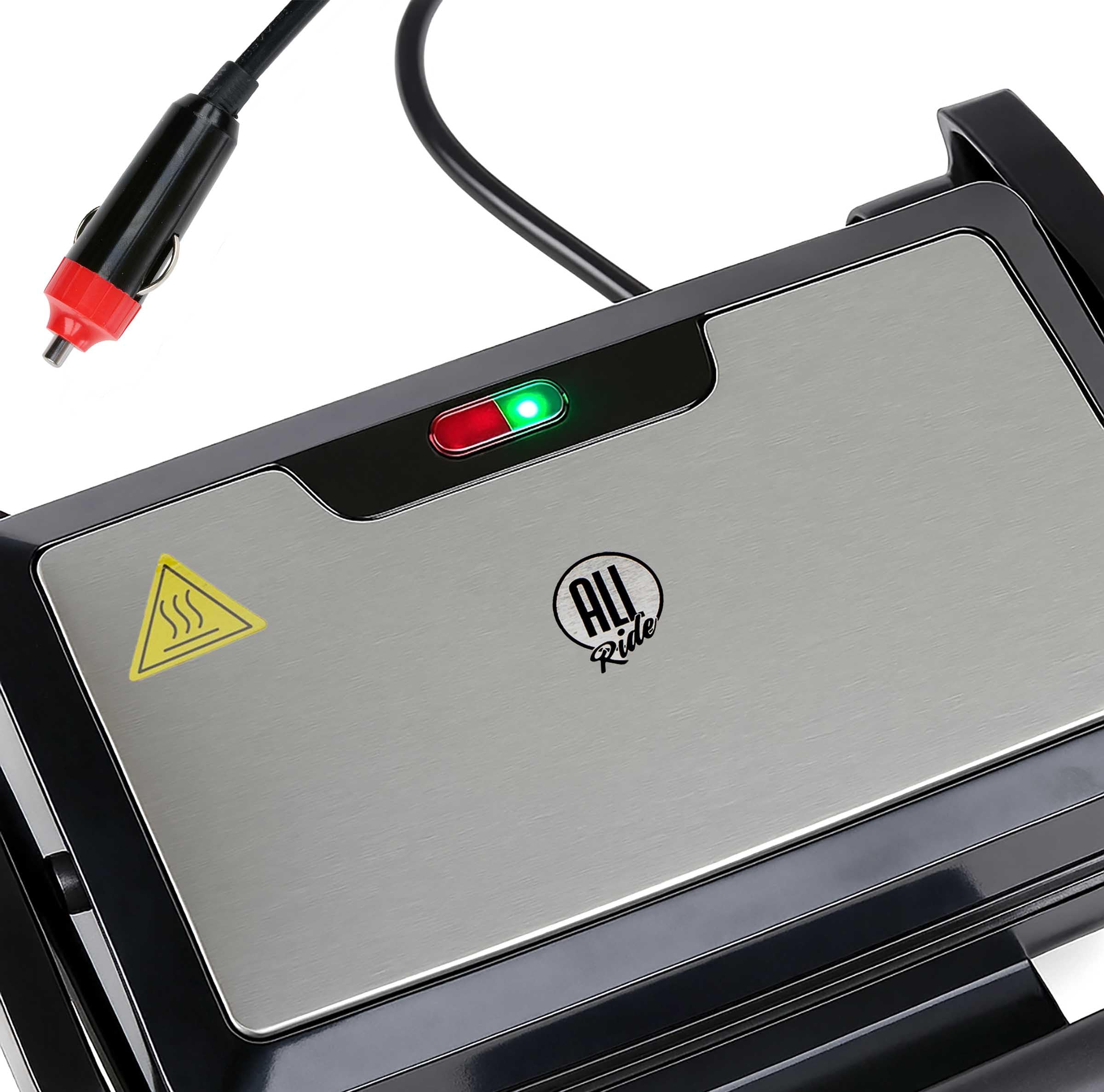12V Kontaktgrill für LKW, Auto & Wohnmobil – 120W Elektrogrill mit LED-Kontrollleuchten, Tropfschale, Sicherheitsverschluss & rutschfesten Füßen – Ideal für Sandwiches, Fleisch, Gemüse & Hamburger