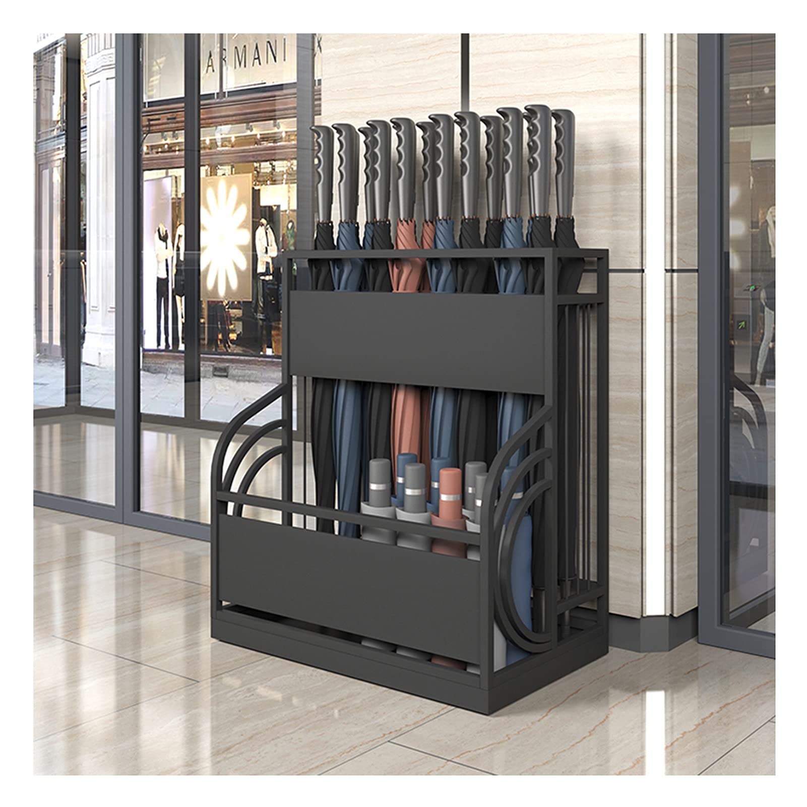 BHFPFZA Large Business Metal Wrought Iron Umbrella Stand for Home Hotel Shopping Mall Entrance 48x27x58cm Store 25 30 Umbrellas Black Color Option.