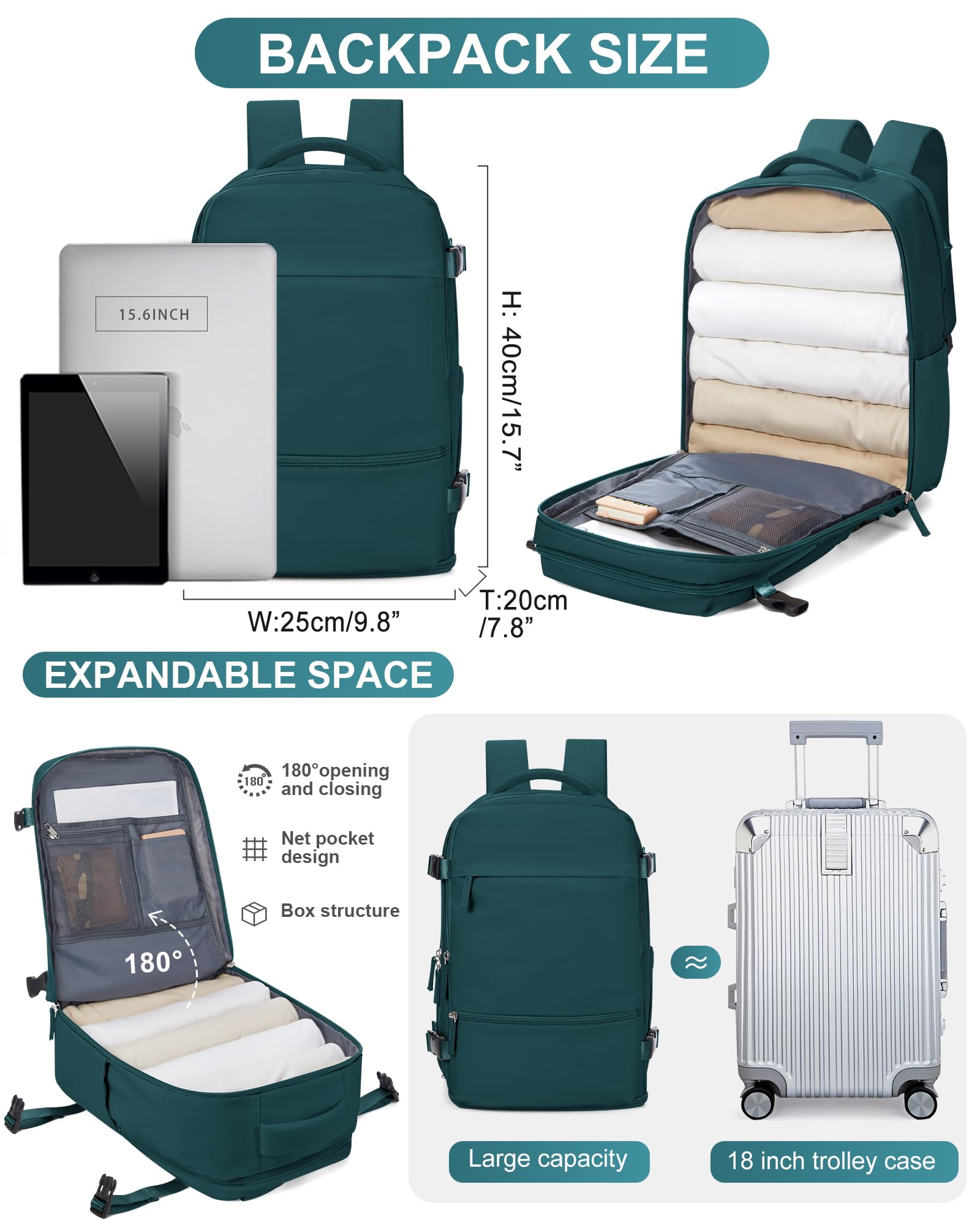 Bagaż podręczny Plecak 40x30x20 do podróży Ryanair, bagaż podręczny pod siedzeniem, torba podróżna do samolotu, wodoodporny plecak codzienny turystyczny,G3-Pawi niebieski