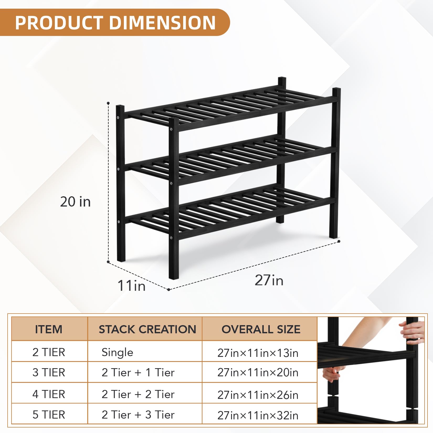Buymoth 3 Tier Bamboo Shoe Rack Storage Organizer for Closet, Multifunctional Stackable Free Standing Shoe Shelf Organizer for Small Space,Entryway,Hallway,Bathroom 27