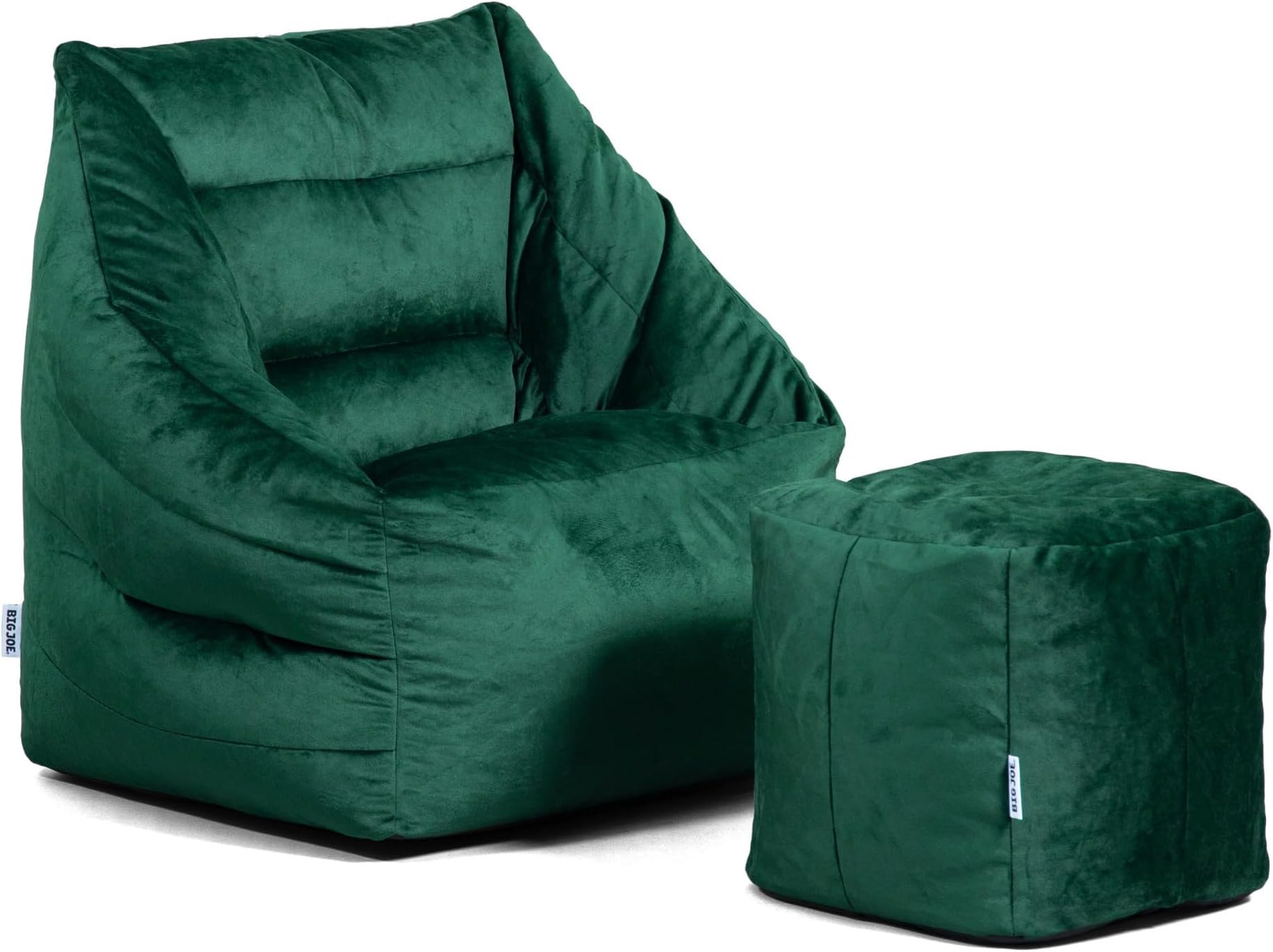 Big JoeAurora Bean Bag Chair and Pouf Bundle, Deep Emerald Velvet, Soft Polyester, 3.5 feet