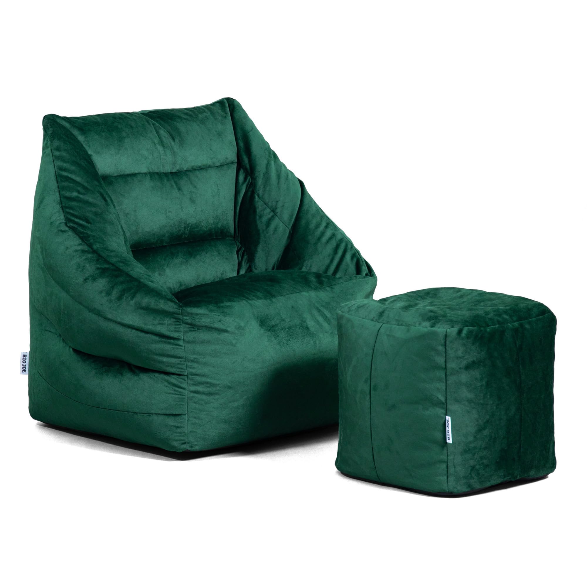 Big JoeAurora Bean Bag Chair and Pouf Bundle, Deep Emerald Velvet, Soft Polyester, 3.5 feet