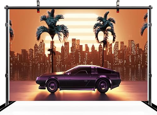 Miniatura 3 de 9x6ft Cyberpunk Car Backdrop Retro Futuristic Cyber City Skyscraper Tropical Tree Punk Racing Car Background Comic Game Racer Punk Birthday Party