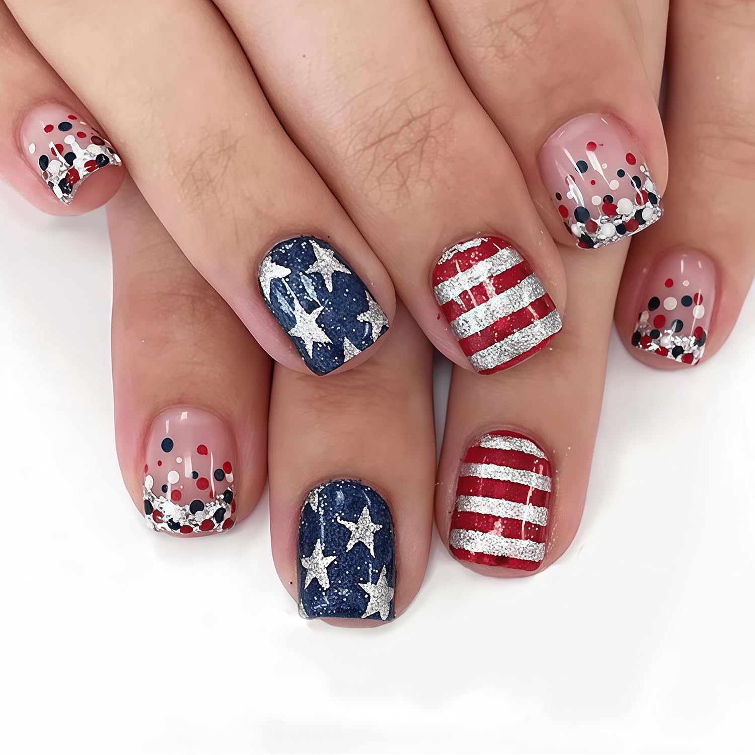 Independence Day Press on Nails Short Square Fake Nails with Patriotic Five-Pointed Star Pattern Glitter Design Full Cover False Nails Stick on Nail