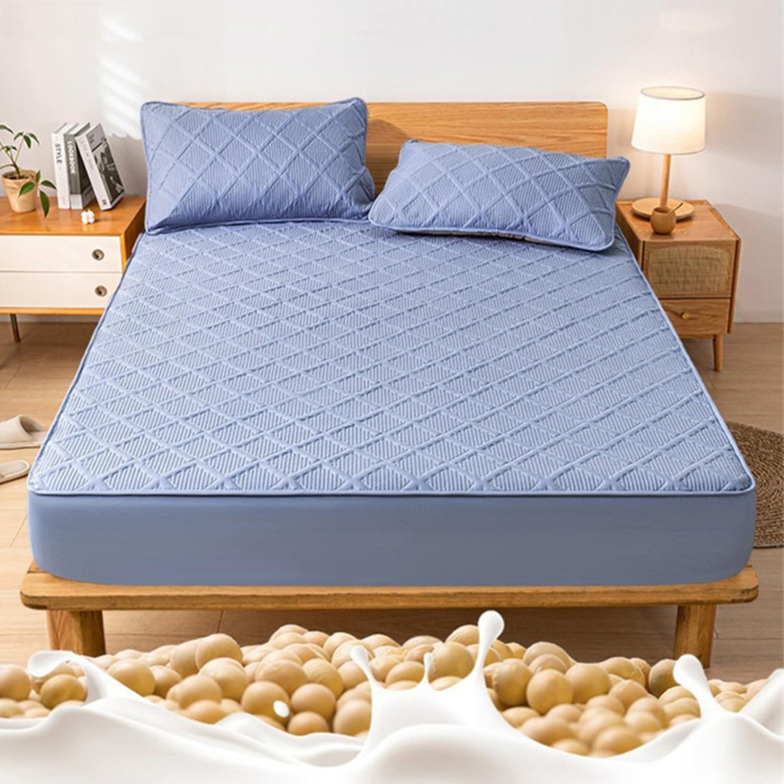 Sábana bajera ajustable de 200 x 220 cm de profundidad, 100 % algodón, suave y transpirable, color azul y gris, lujosa y cómoda, respetuosa con el medio ambiente para una mejor experiencia de sueño